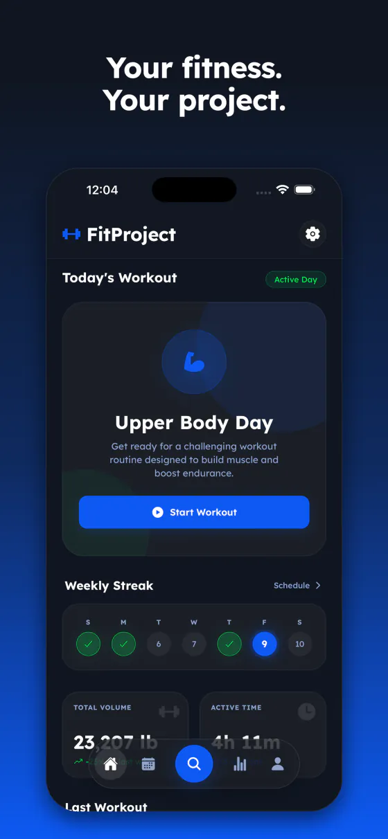 FitProject home screen: today's workout, weekly streak, total volume and active time