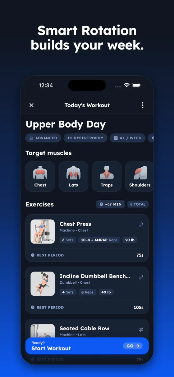 Smart Rotation workout preview with target muscles and exercise list
