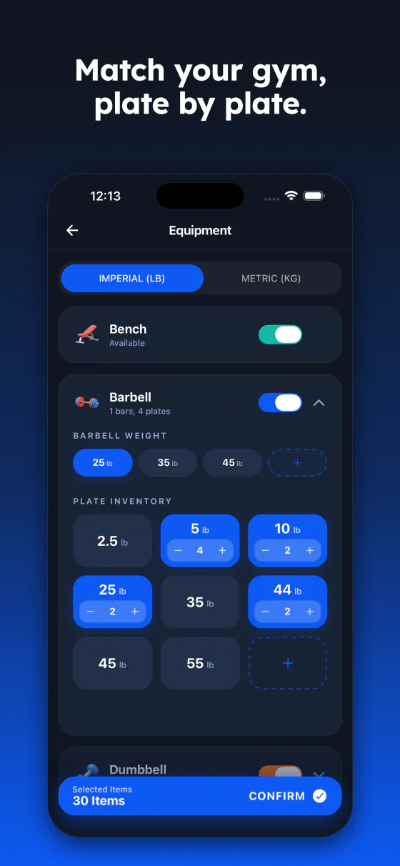 Equipment setup: barbell weight and plate inventory