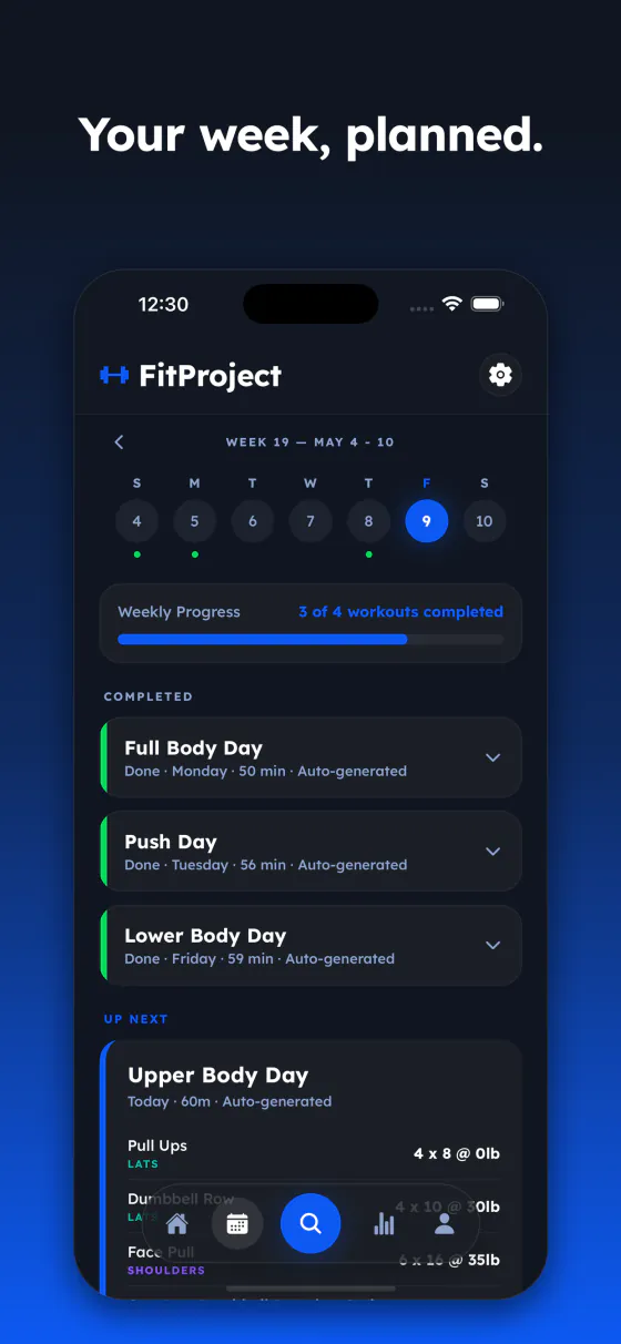 Weekly schedule with completed workouts and what's up next