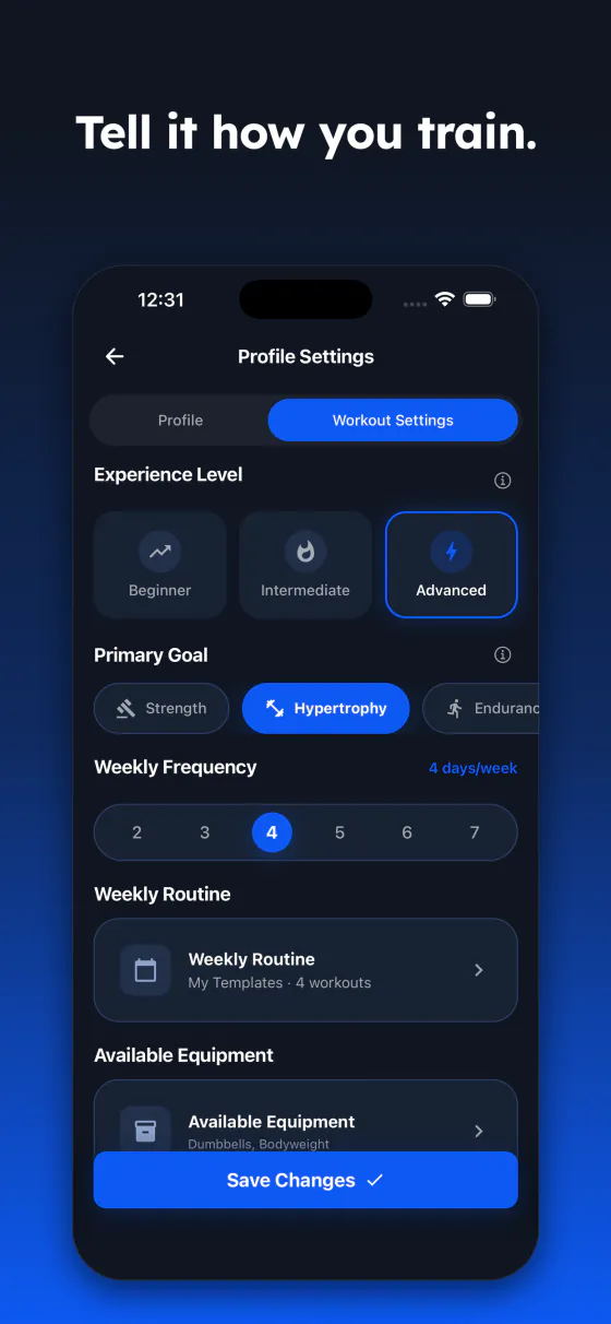 Training preferences: experience level, goal and weekly frequency