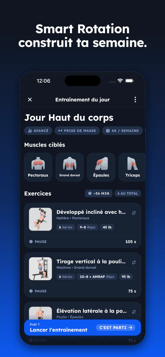 Aperçu d'une séance Smart Rotation avec les muscles ciblés et la liste des exercices