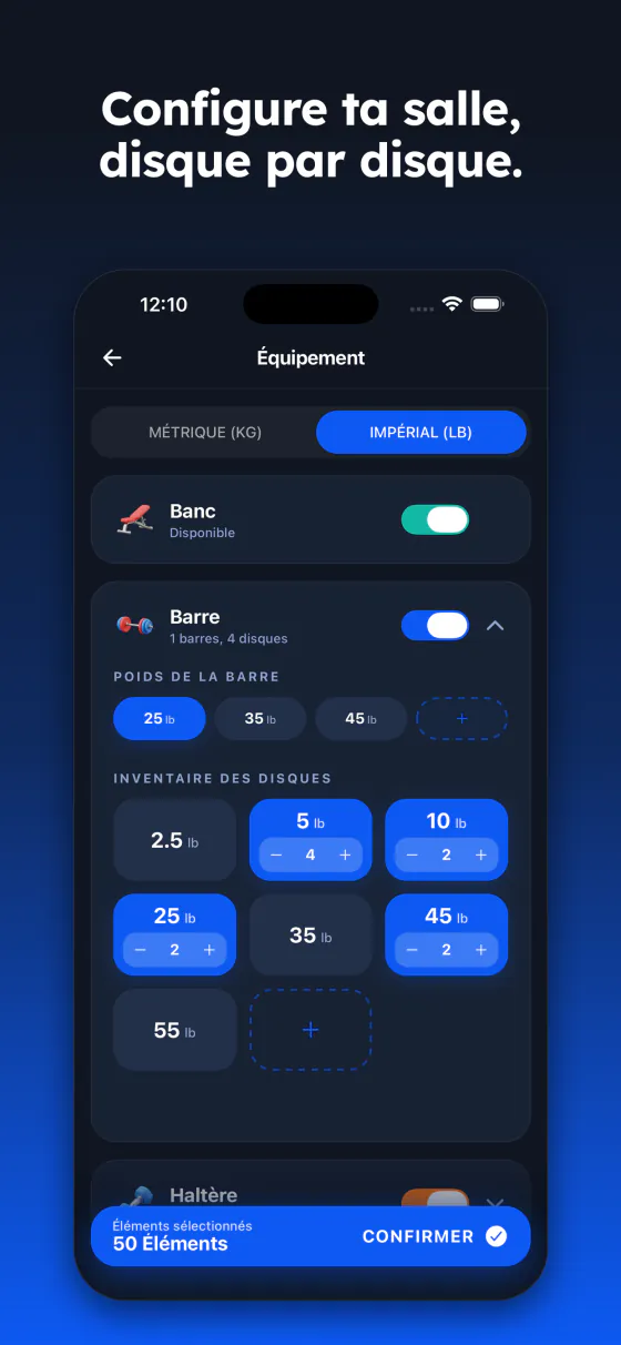 Configuration de l'équipement : poids de la barre et inventaire des disques