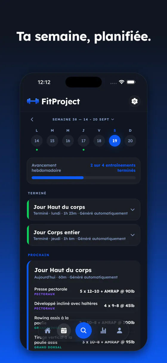 Planning hebdomadaire avec les séances terminées et la prochaine au programme